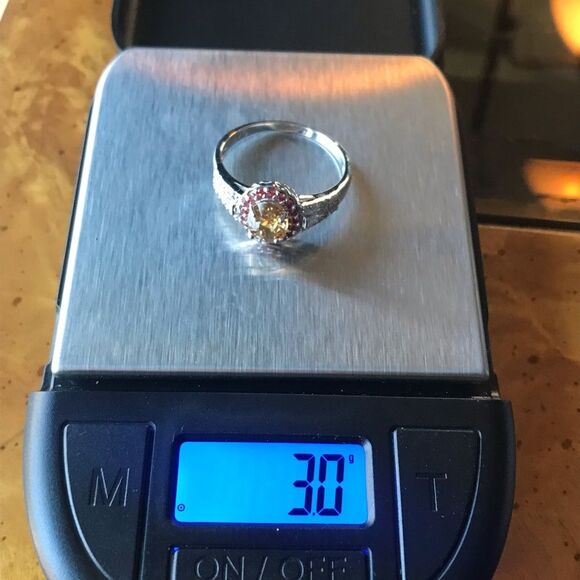 Natural Red Sapphire Yellow Zircon Sterling Silver Halo Ring Size 9 - Picture 3 of 9